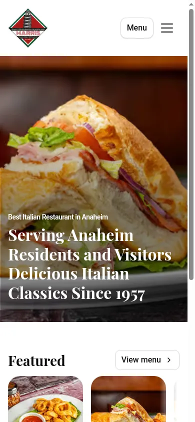 The current marrispizza.com homepage on a phone.