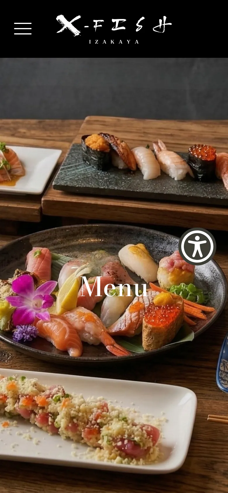 The current xfishizakaya.com menu page on a phone, opening with a large sushi photo.