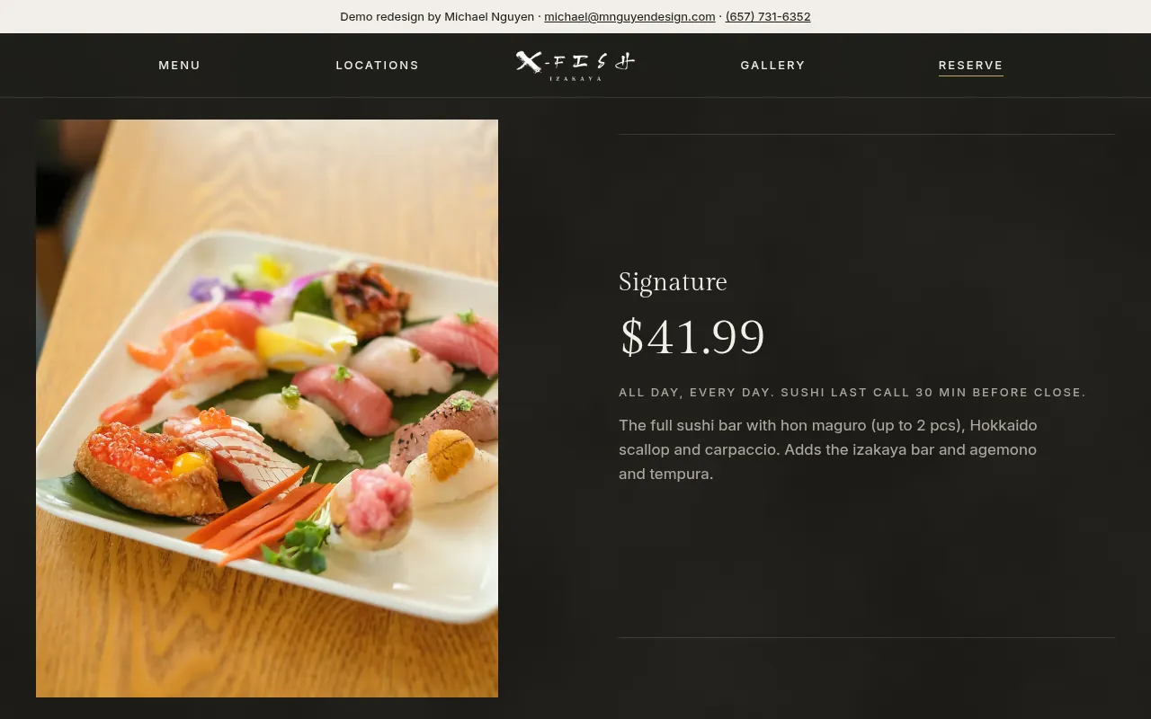 Concept menu on desktop: the Signature tier at $41.99 next to a pinned photo of a nigiri platter.