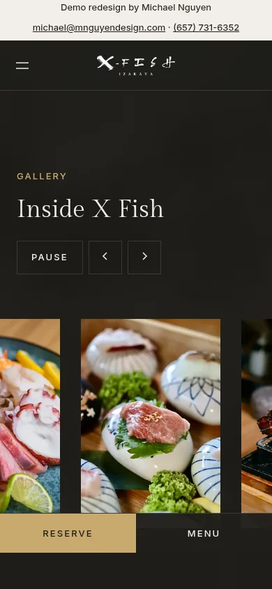 The concept’s photo gallery on a phone, with pause and arrow buttons above the photos.