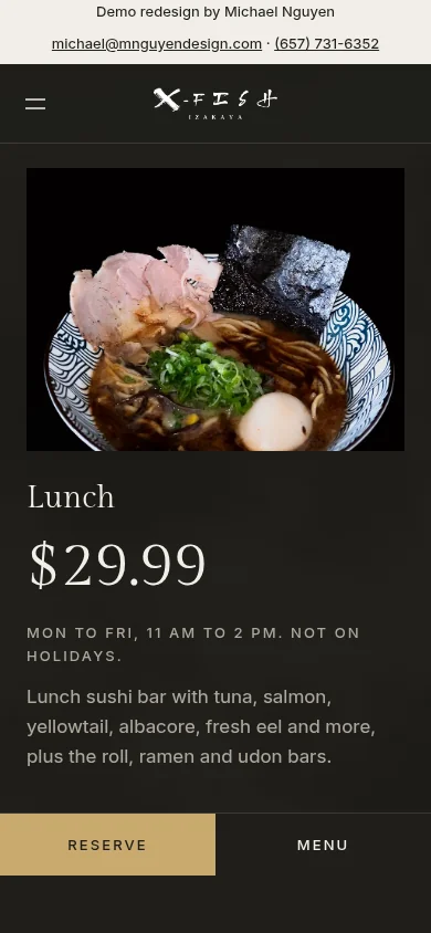 Concept menu on a phone: a ramen photo above the Lunch tier, $29.99.